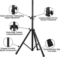 Adjustable height tripod stand features quick height adjustment, locking safety pin, rugged metal construction, and non-slip foot mats.