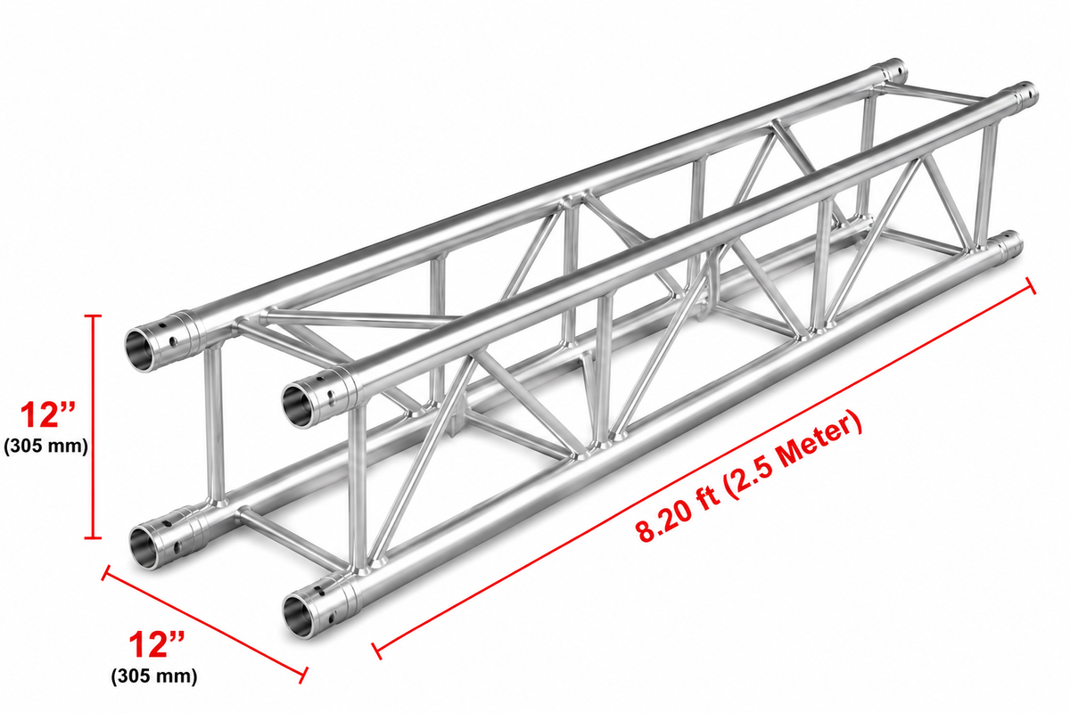 MR Truss MTTSQ820 8.20 Feet 2.50 Meter Universal Straight 12" Square Box Aluminum Lighting Trussing Segment for Pro Audio DJ with 2-inch Tubing