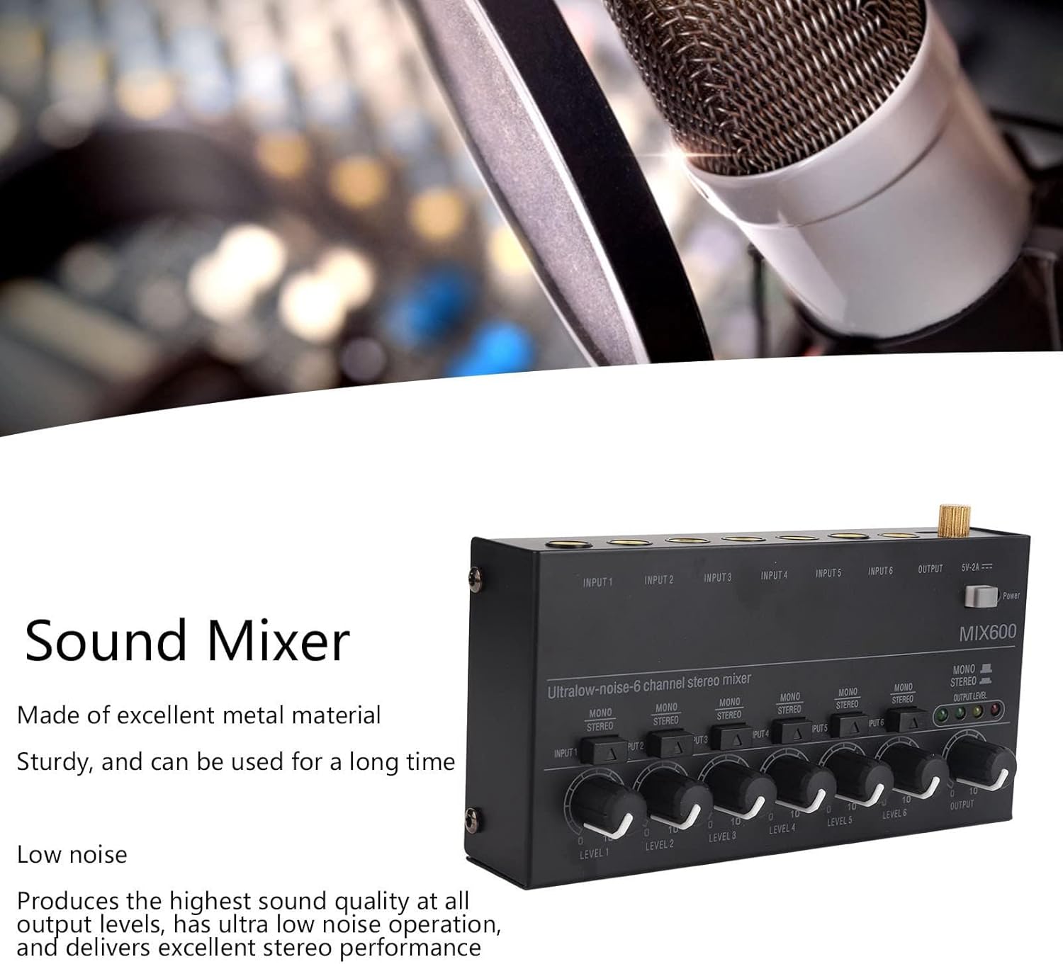 MR DJ MIX600 Ultra Low-Noise 6-Channel Line Mixer Stereo/Single Track Switch Microphone