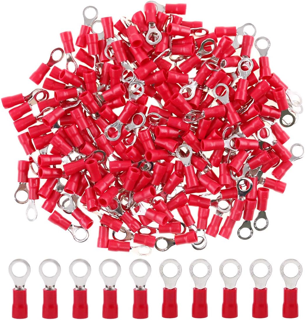 MR DJ RT2218R 200 pcs #8 Red 22/16 Gauge Vinyl Insulated Connectors Ring Terminal