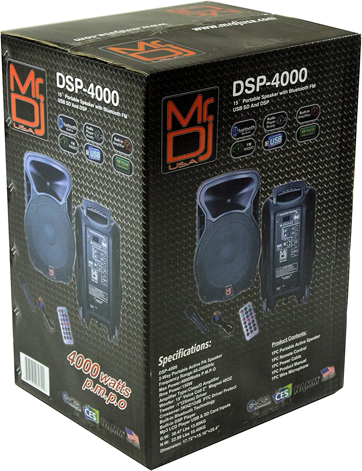 2 15" 4000W Bluetooth DSP FM Radio USB Portable PA DJ Speaker & Stands Pair