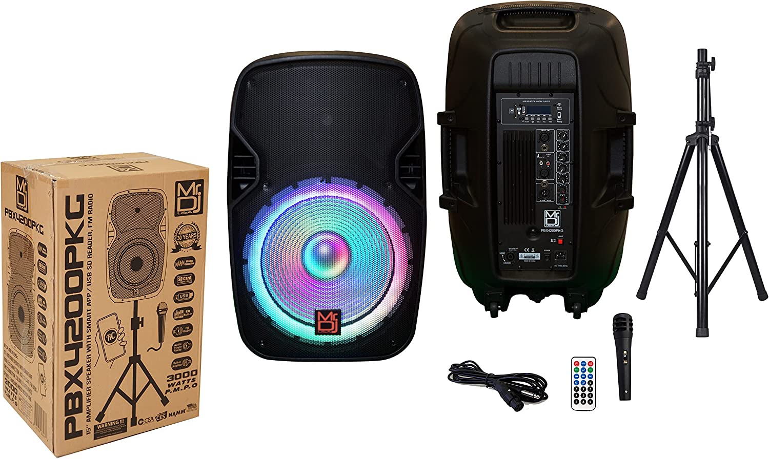 2 MR DJ PBX4200PKG 15" PA DJ 3000W Bluetooth Karaoke Speaker LED + Speaker Stand