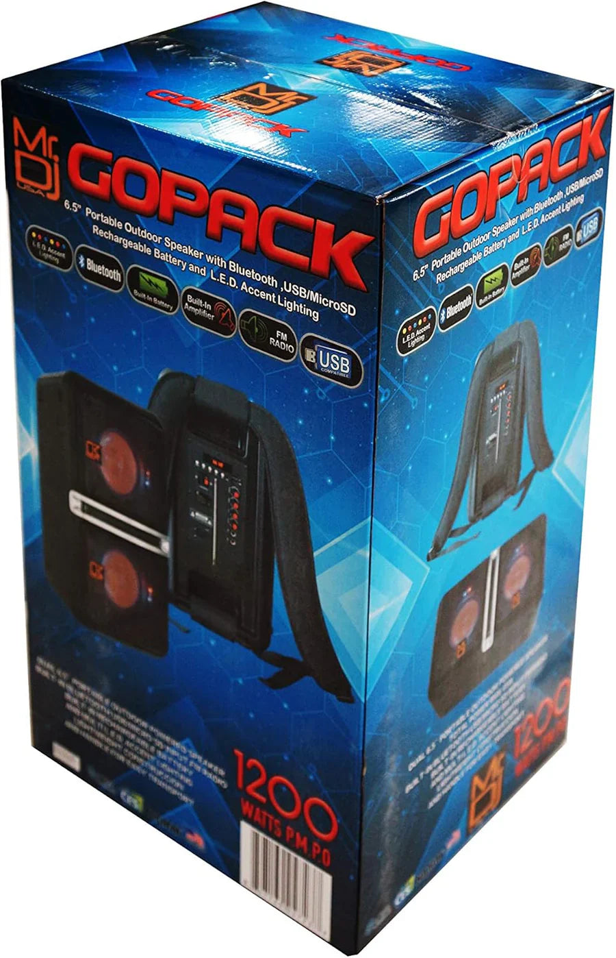 2 MR DJ GOPACK Dual 6.5" 1200W Portable Speaker Bluetooth USB/Micro SD Rechargeable LED Accent Lighting