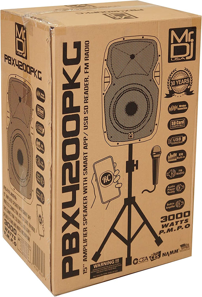 MR DJ PBX4200PKG 15" PA DJ 3000W Bluetooth Karaoke Speaker LED + Speaker Stand