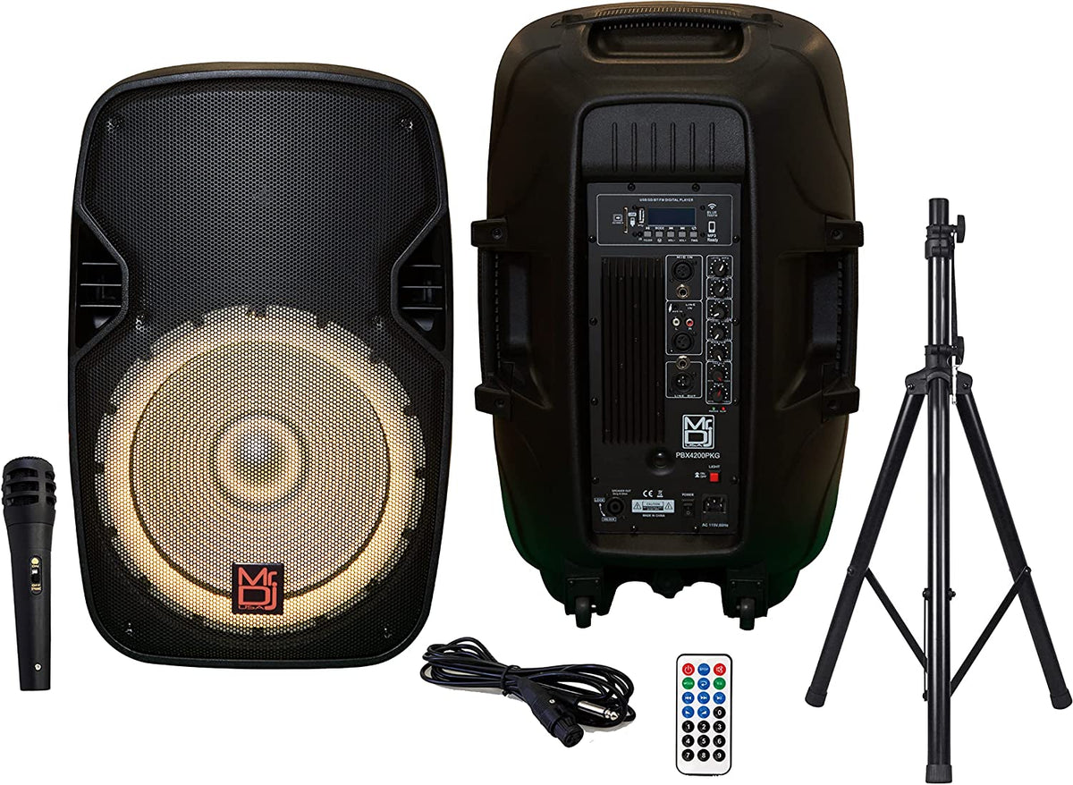 2 MR DJ PBX4200PKG 15" PA DJ 3000W Bluetooth LED Karaoke Speaker + Speaker Stand