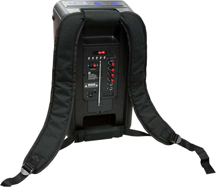 MR DJ GOPACK Dual 6.5" portable speaker with backpack design and LED lighting, ideal for outdoor events.