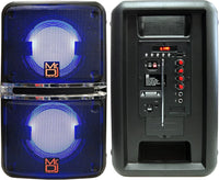 MR DJ GOPACK Dual 6.5" portable speaker with backpack design and LED lighting, ideal for outdoor events.
