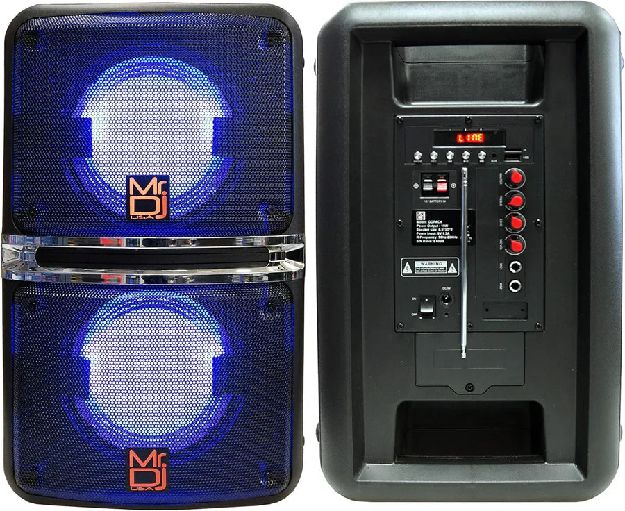 2 MR DJ GOPACK Dual 6.5" 1200W Portable Speaker Bluetooth USB/Micro SD Rechargeable LED Accent Lighting