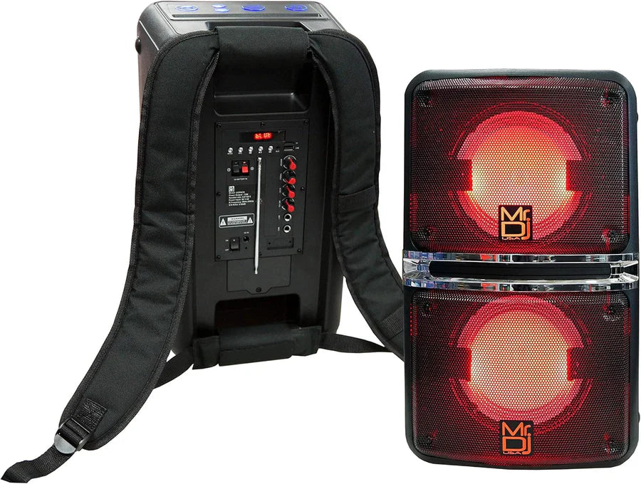 2 MR DJ GOPACK Dual 6.5" 1200W Portable Speaker Bluetooth USB/Micro SD Rechargeable LED Accent Lighting