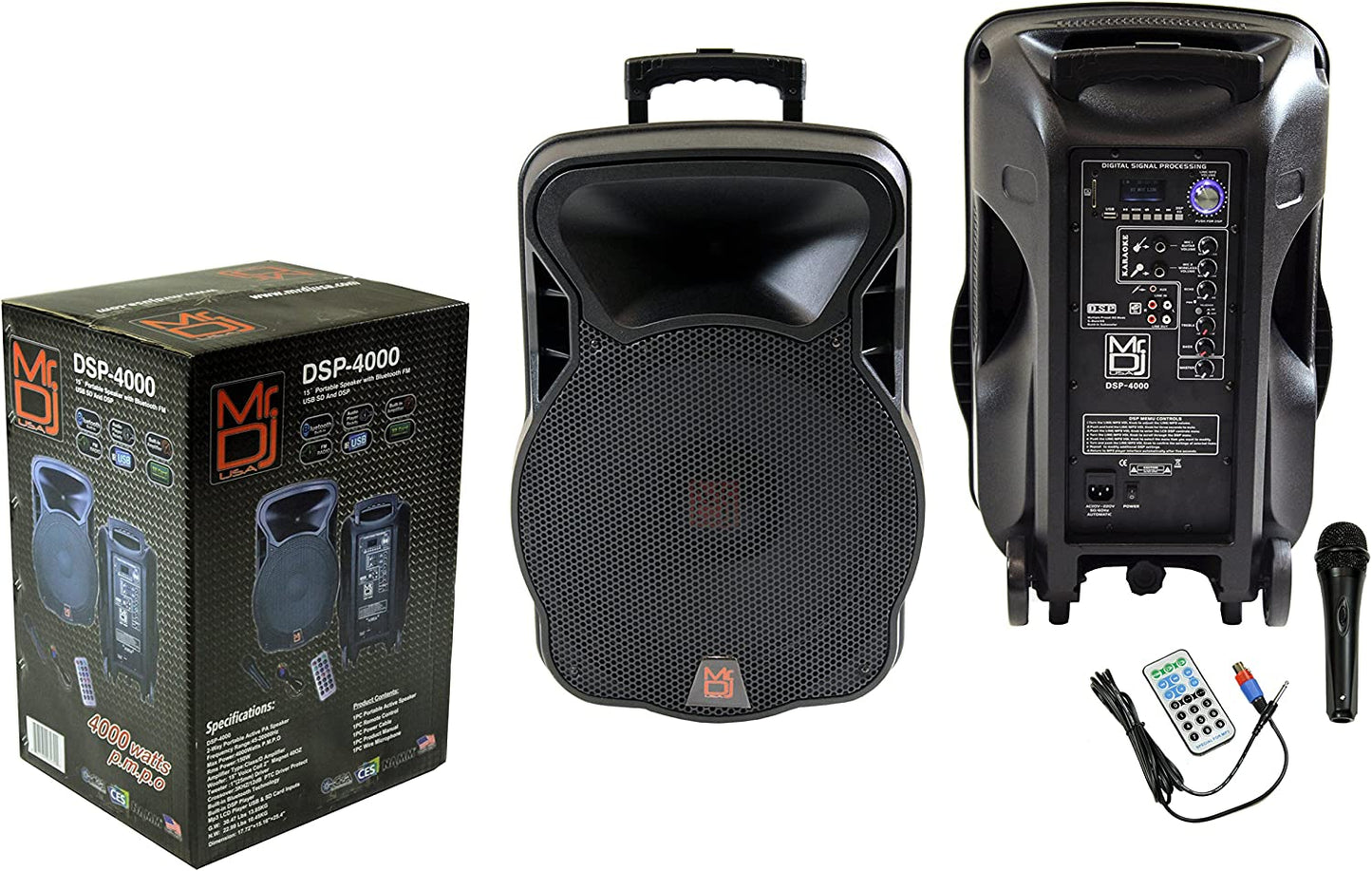 2 15" 4000W Bluetooth DSP FM Radio USB Portable PA DJ Speaker & Stands Pair