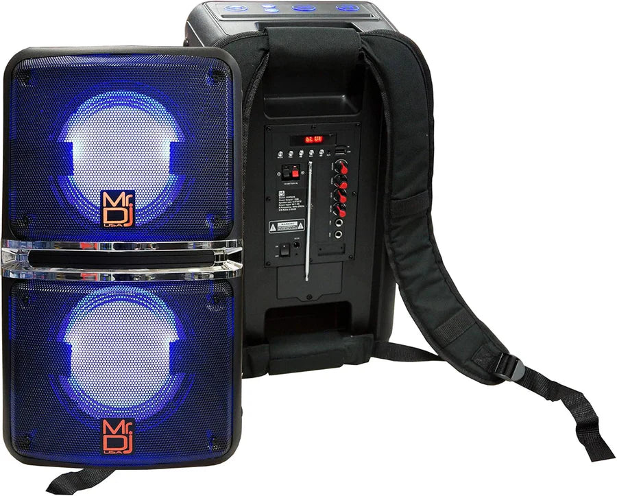 2 MR DJ GOPACK Dual 6.5" 1200W Portable Speaker Bluetooth USB/Micro SD Rechargeable LED Accent Lighting