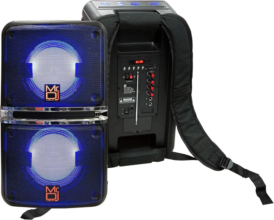 2 MR DJ GOPACK Dual 6.5" 1200W Portable Bluetooth Speaker USB/Micro SD Rechargeable LED Accent Lighting