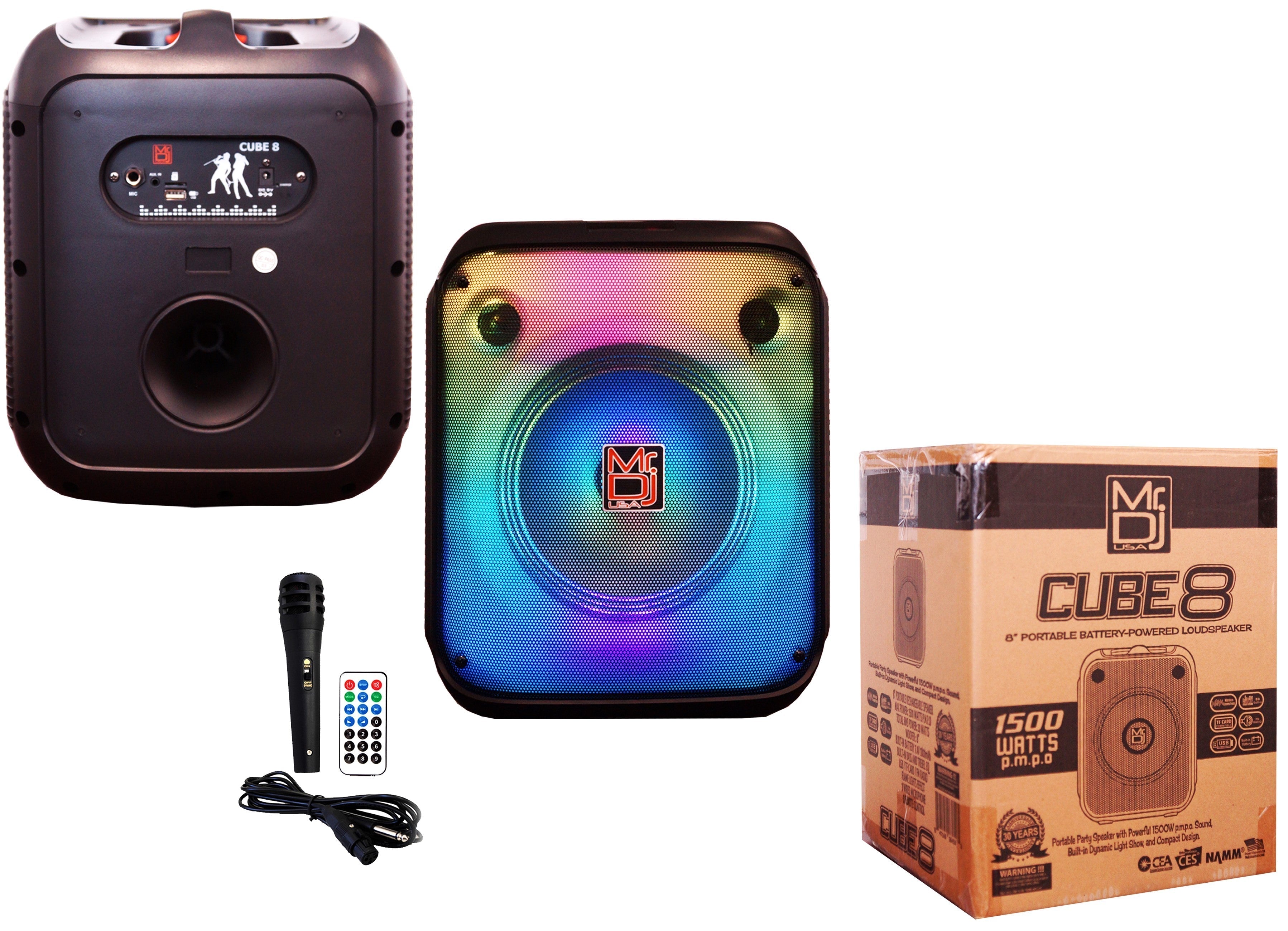 MR DJ CUBE8 8" Portable Karaoke Speaker Flame Lights Microphone TWS USB FM
