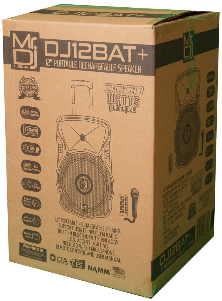 MR DJ DJ12BAT+ 12" Portable Bluetooth Speaker + Speaker Stand + 54-LED Slim Par Wash DJ Light
