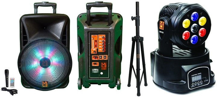 MR DJ DJ15BAT+ 15 Inch Portable Bluetooth Speaker + Speaker Stand + 7-LED Moving Head DJ Light