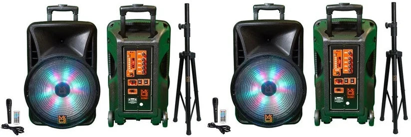 2 MR DJ DJ15-BTA 3000W PA FM Radio Bluetooth DJ Speaker Microphone, 2 Spk stands