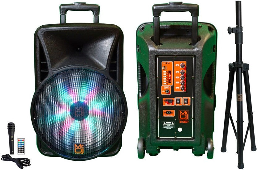 MR DJ DJ12BAT+ 12" Portable Bluetooth Speaker + Speaker Stand + 18-LED Moving Head DJ Light