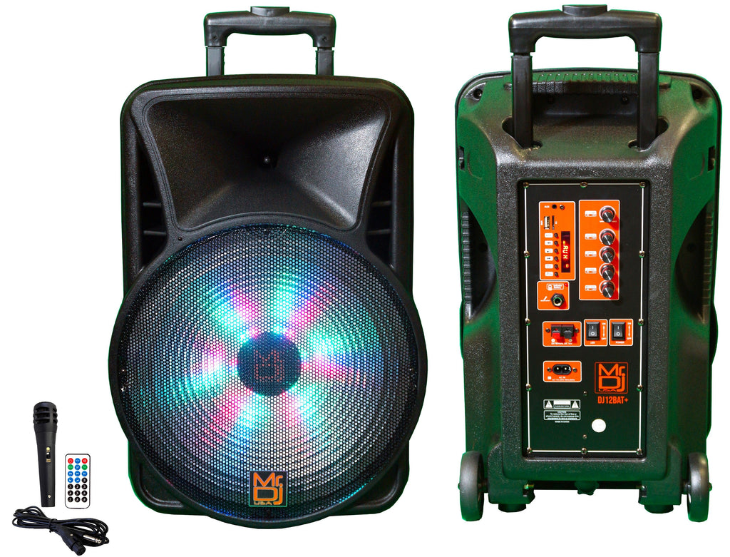 MR DJ DJ12BAT+ 12" Portable Bluetooth Speaker + Speaker Stand + 18-LED Moving Head DJ Light
