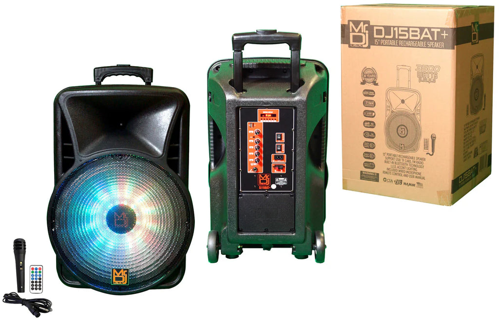 2 MR DJ DJ15-BTA 3000W Bluetooth PA DJ FM Radio Speaker Microphone, 2 Spk stands