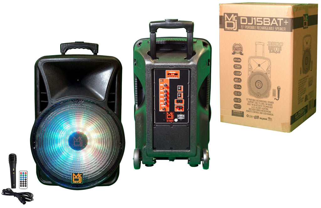 MR DJ DJ15BAT+ 15" Portable Bluetooth Speaker + Speaker Stand + 7-LED Moving Head DJ Light