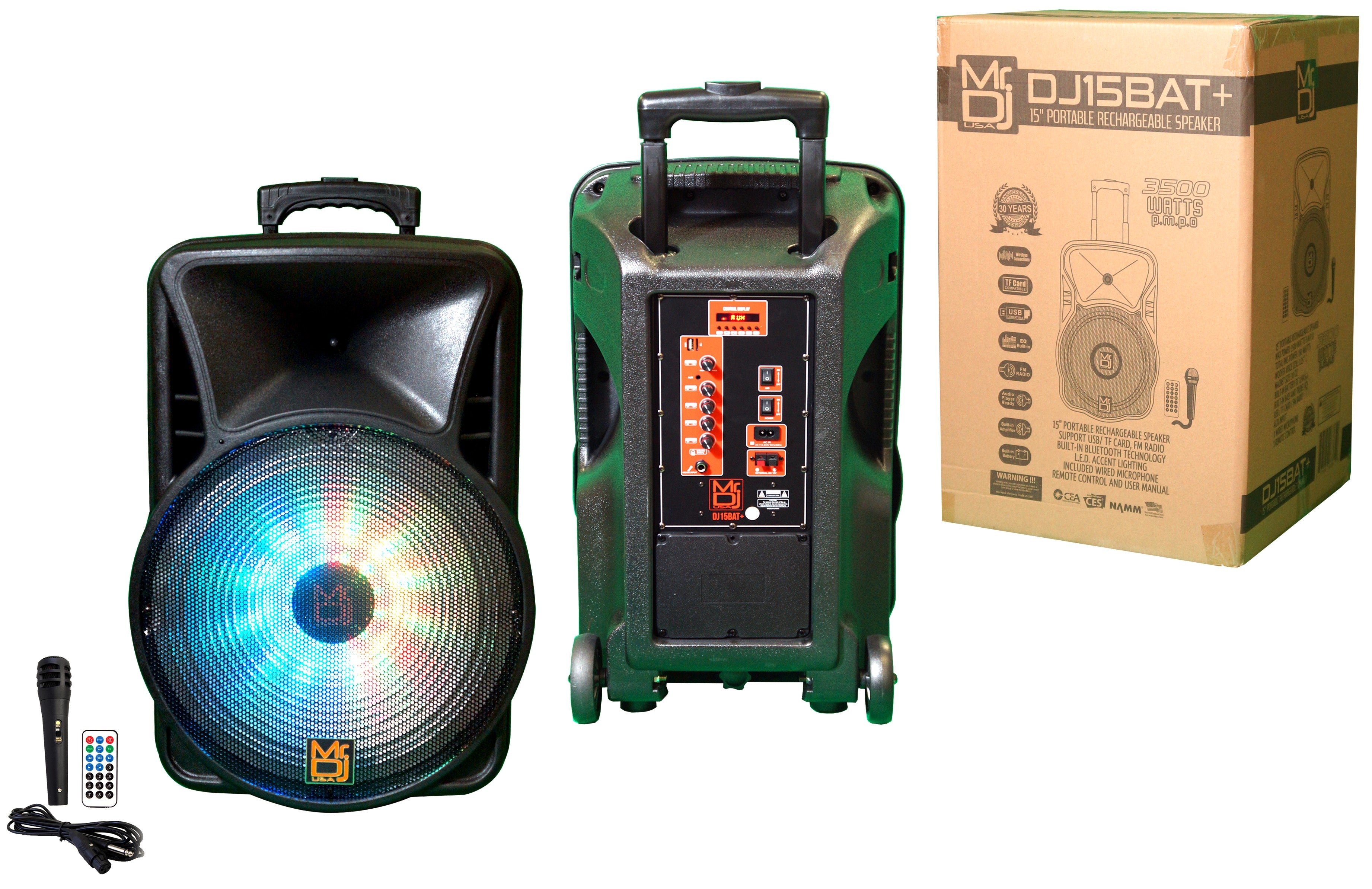 Mr. Dj DJ15BAT+ 15" Portable Trolley PA DJ Active Powered Bluetooth TWS Speaker 3500 Watts LCD/MP3/USB/micro SD