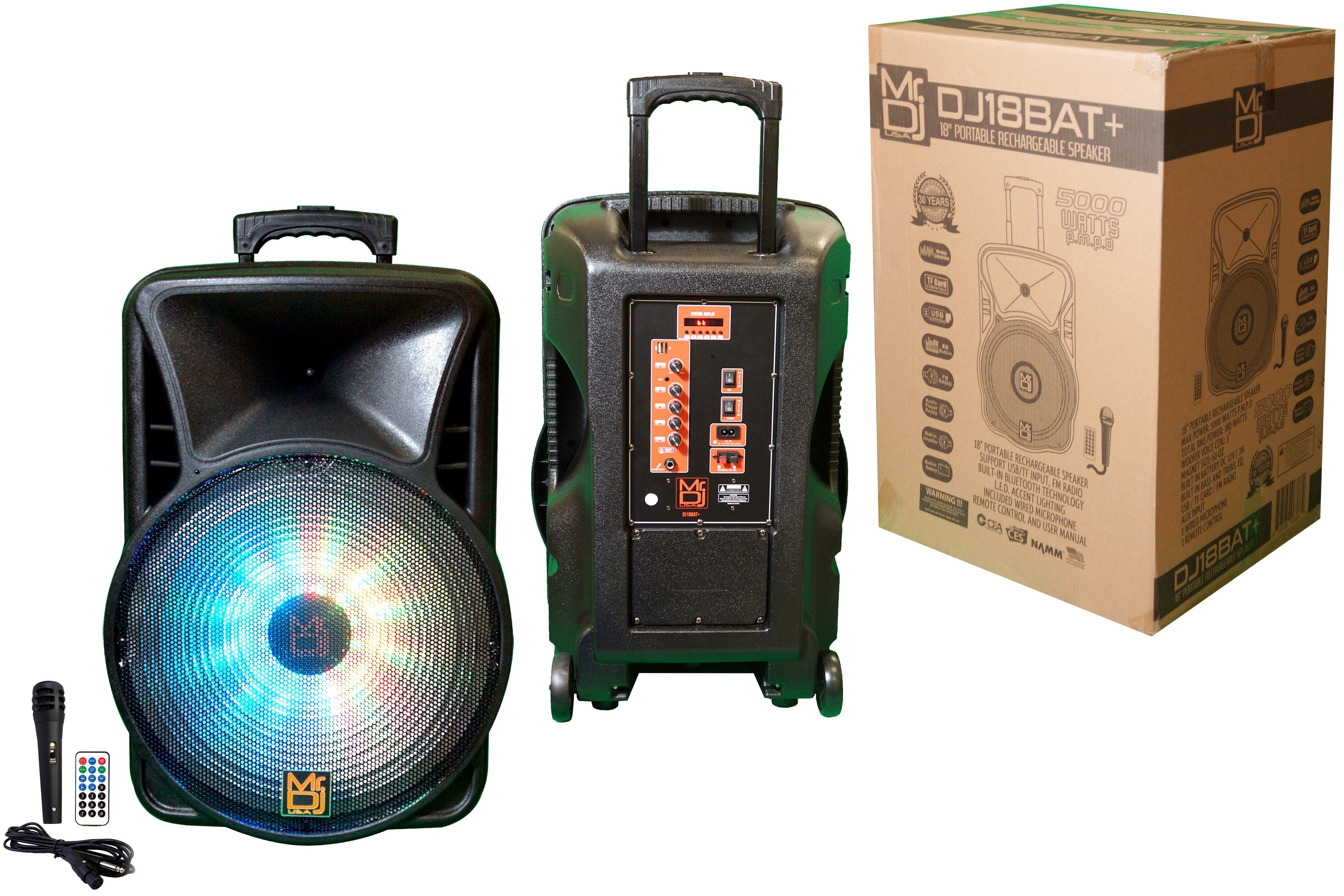 MR DJ DJ18BAT+ 18" Portable Bluetooth Speaker + Speaker Stand + 18-LED Moving Head DJ Light