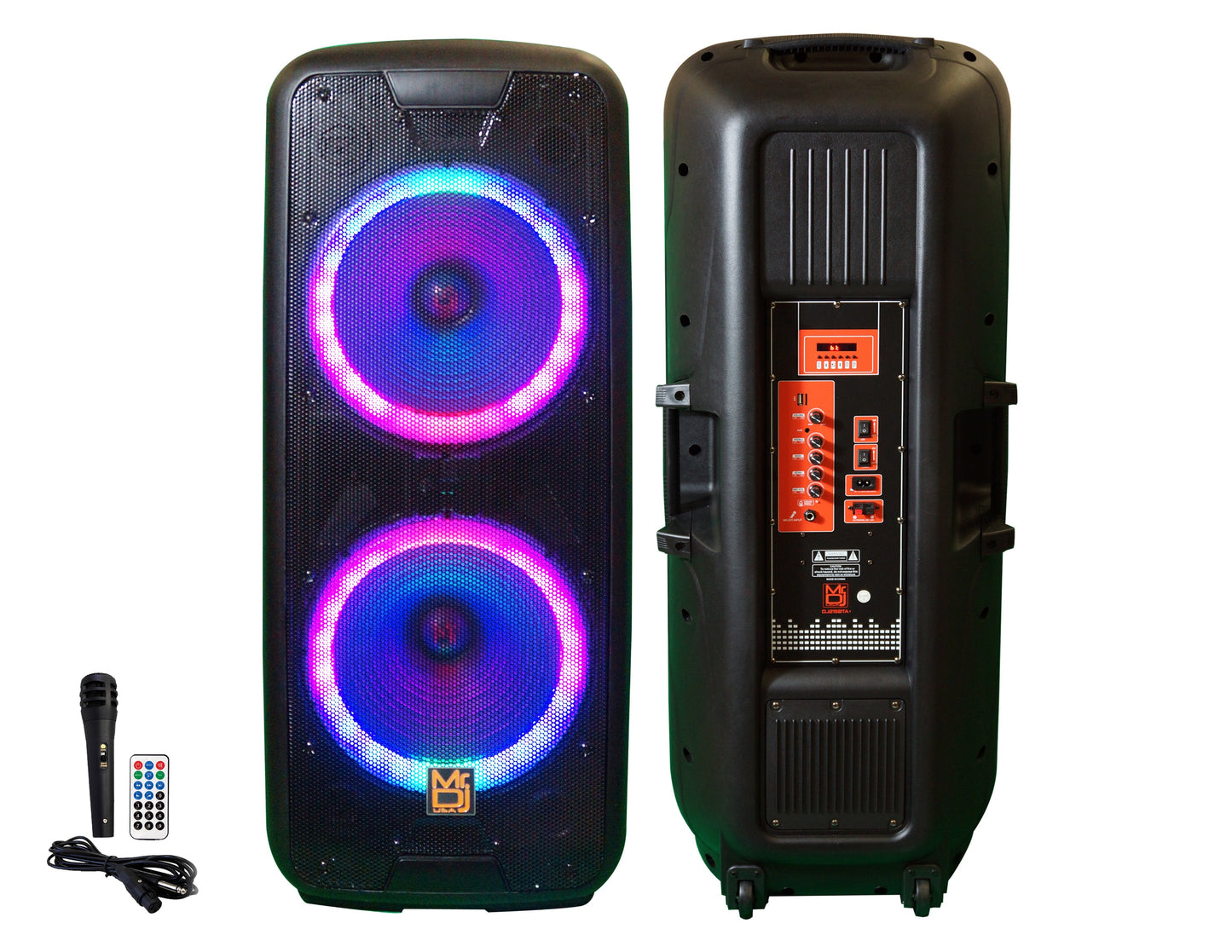 MR DJ DJ215BTA Dual 15" Rechargeable Bluetooth Party Speaker LED Lights TWS Wired Microphone USB/SD FM Radio & Remote Control