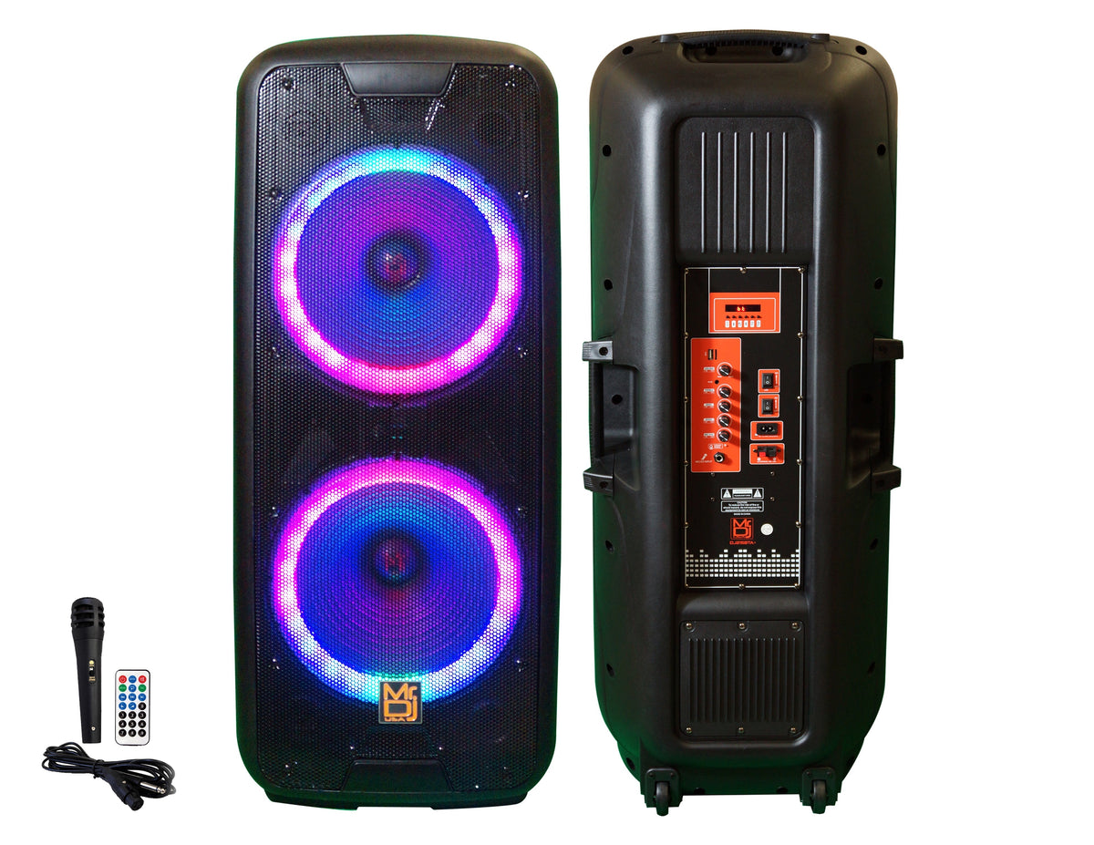 MR DJ DJ215BTA Dual 15" Rechargeable Bluetooth Party Speaker LED Lights TWS Wired Microphone USB/SD FM Radio & Remote Control
