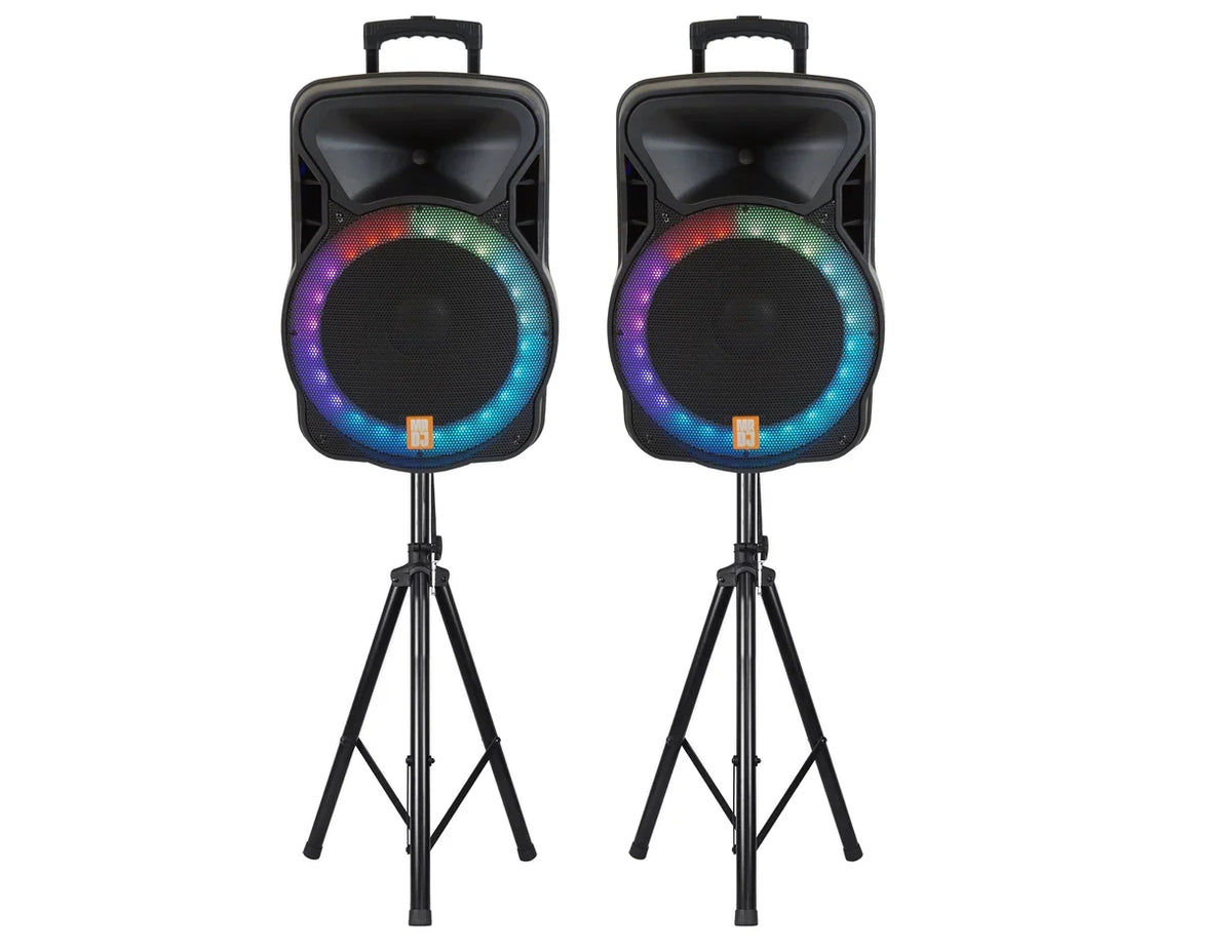 MR DJ PARTY PACK Pair 15" 4500W Powered DJ Speakers Active PA Speaker Stands MIC