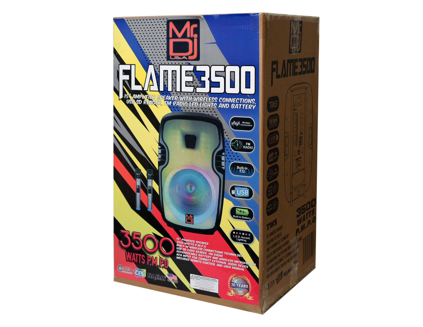 MR DJ FLAME3500LED Portable 15" 2-Way Full-Range Powered/Active DJ PA Live Sound Loudspeaker