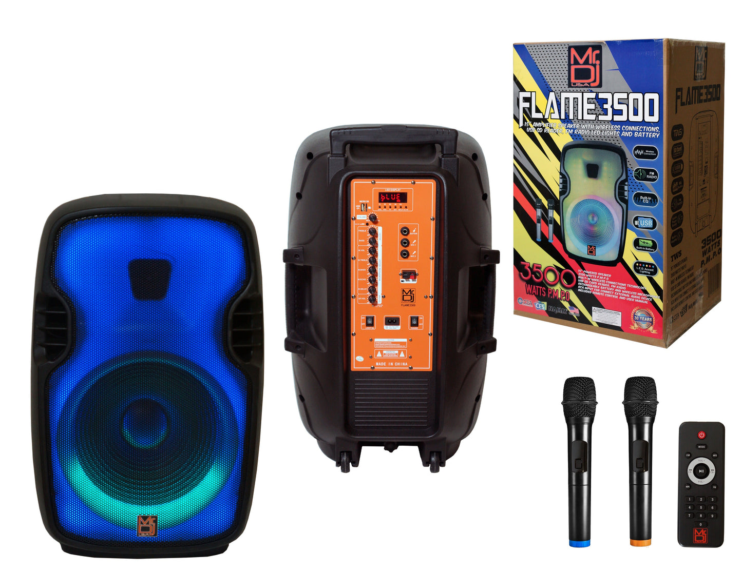 MR DJ FLAME3500LED Portable 15" 2-Way Full-Range Powered/Active DJ PA Live Sound Loudspeaker