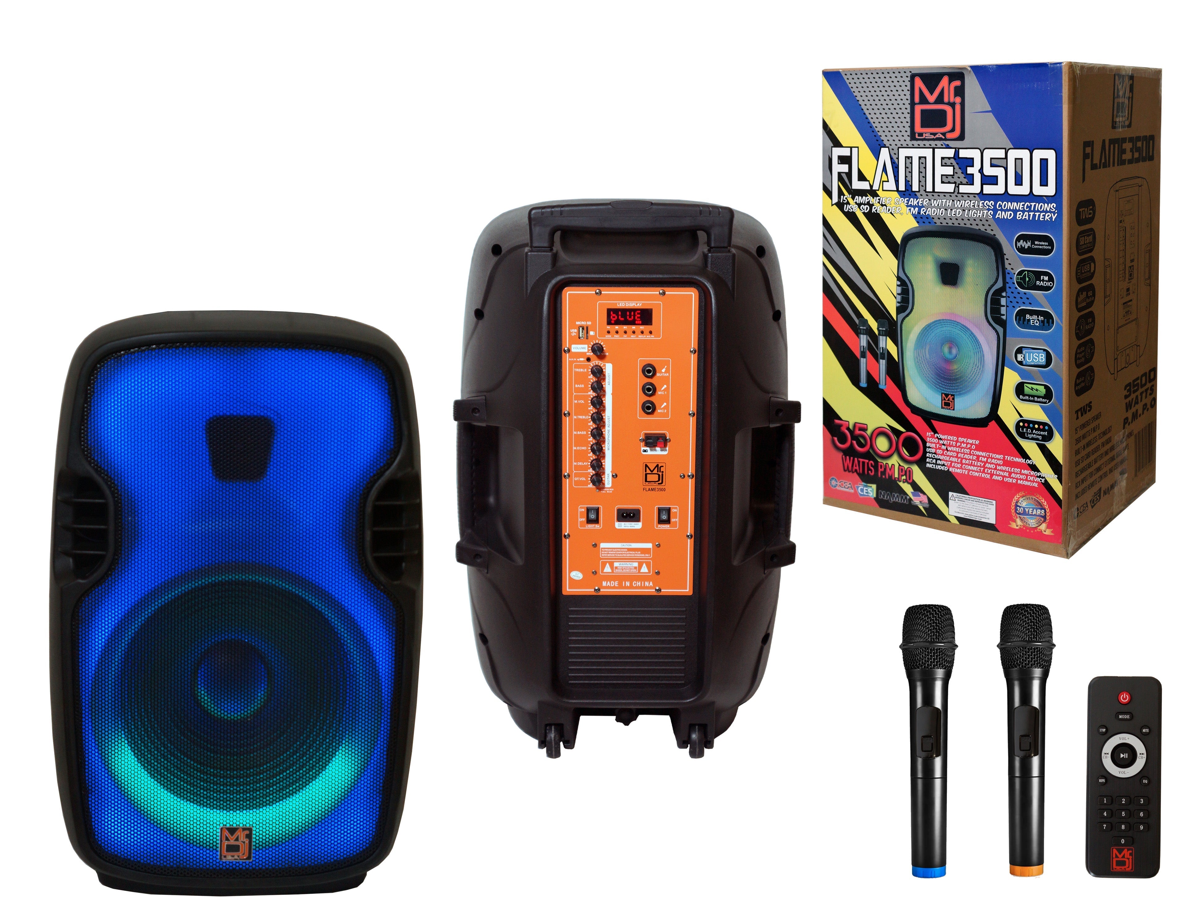 2 MR DJ FLAME3500LED PRO Portable 15" 2-Way Full-Range Powered/Active DJ PA Multipurpose Live Sound Loudspeaker