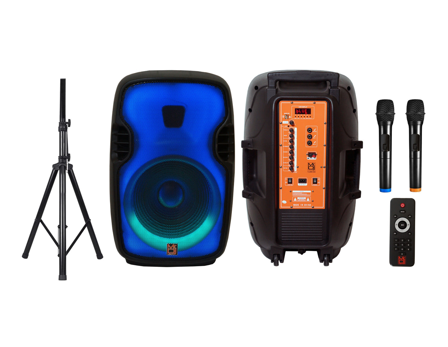 MR DJ FLAME3500LED PRO Portable 15" 2-Way Full-Range Powered/Active DJ PA + Stand
