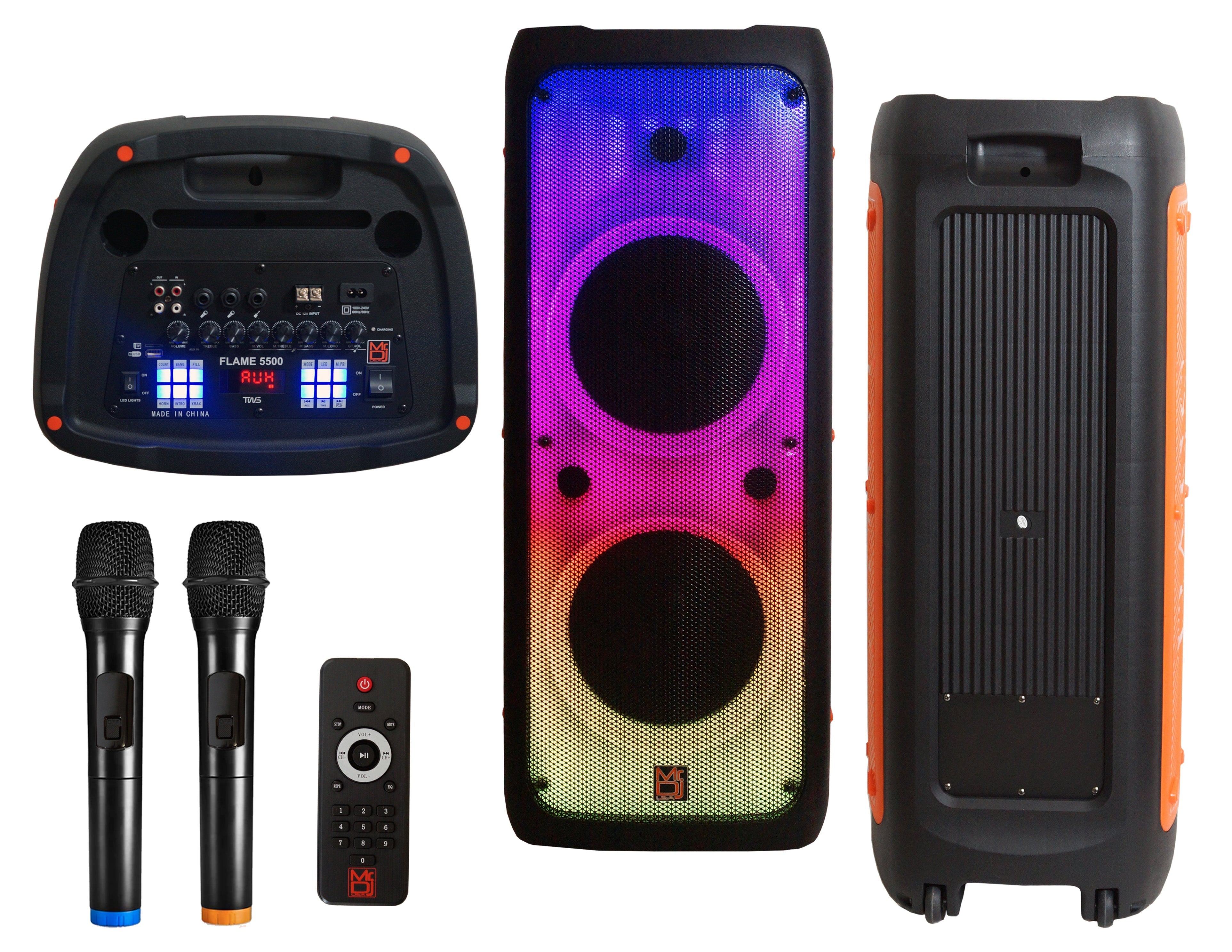 MR DJ FLAME5500LED Dual 12” Karaoke Party Speaker Rechargeable PA System with 2 Wireless Mics, Flame LED Lights, TWS, Portable DJ Sound System