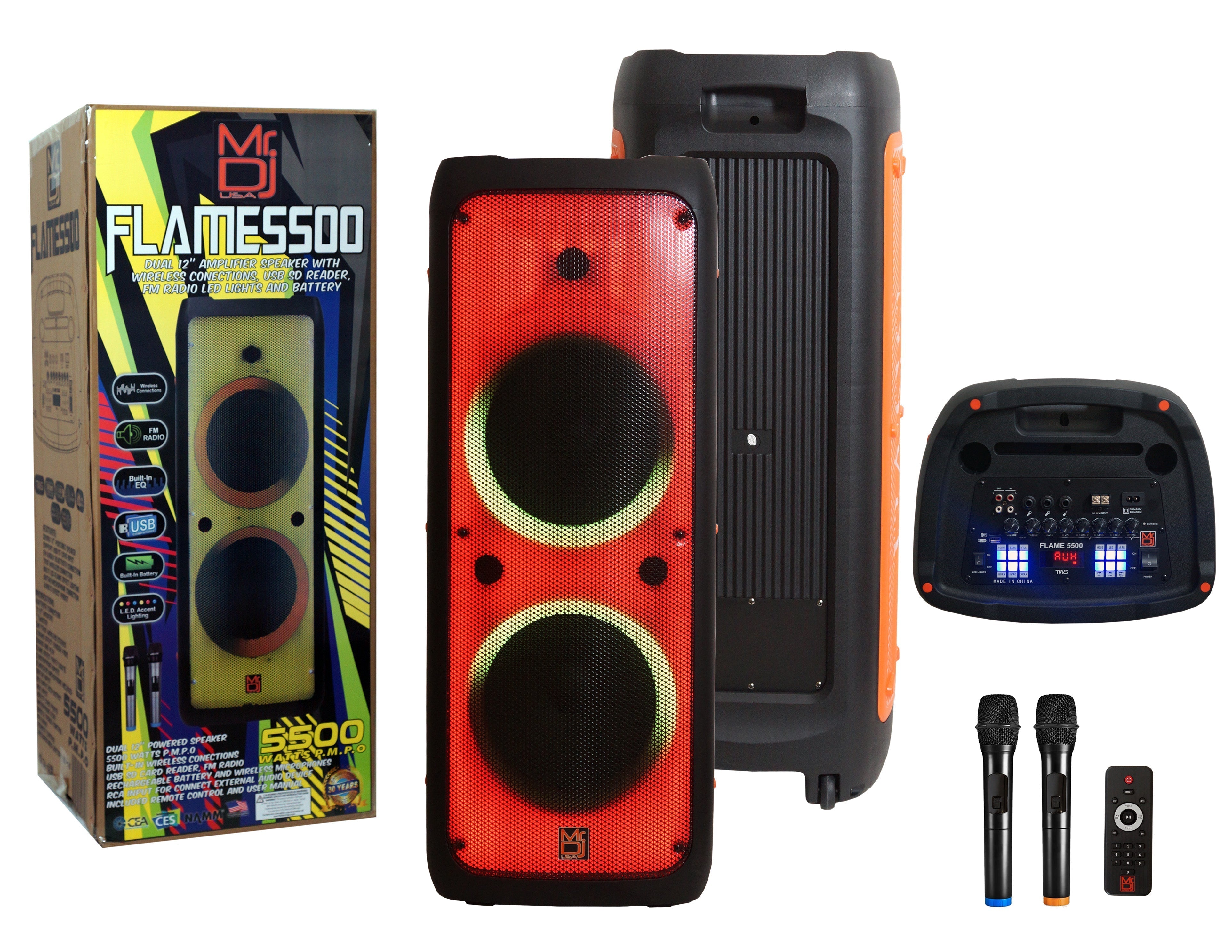 MR DJ FLAME5500LED DUAL 12" TWS Colorful Flame Lighting Rechargeable Bluetooth Speaker 5500 Watts