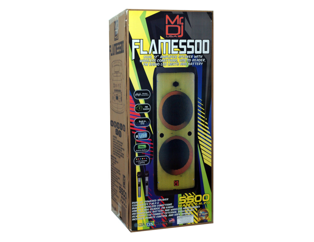 MR DJ FLAME5500LED Professional Rechargeable Dual 12” Bluetooth Party Speaker System