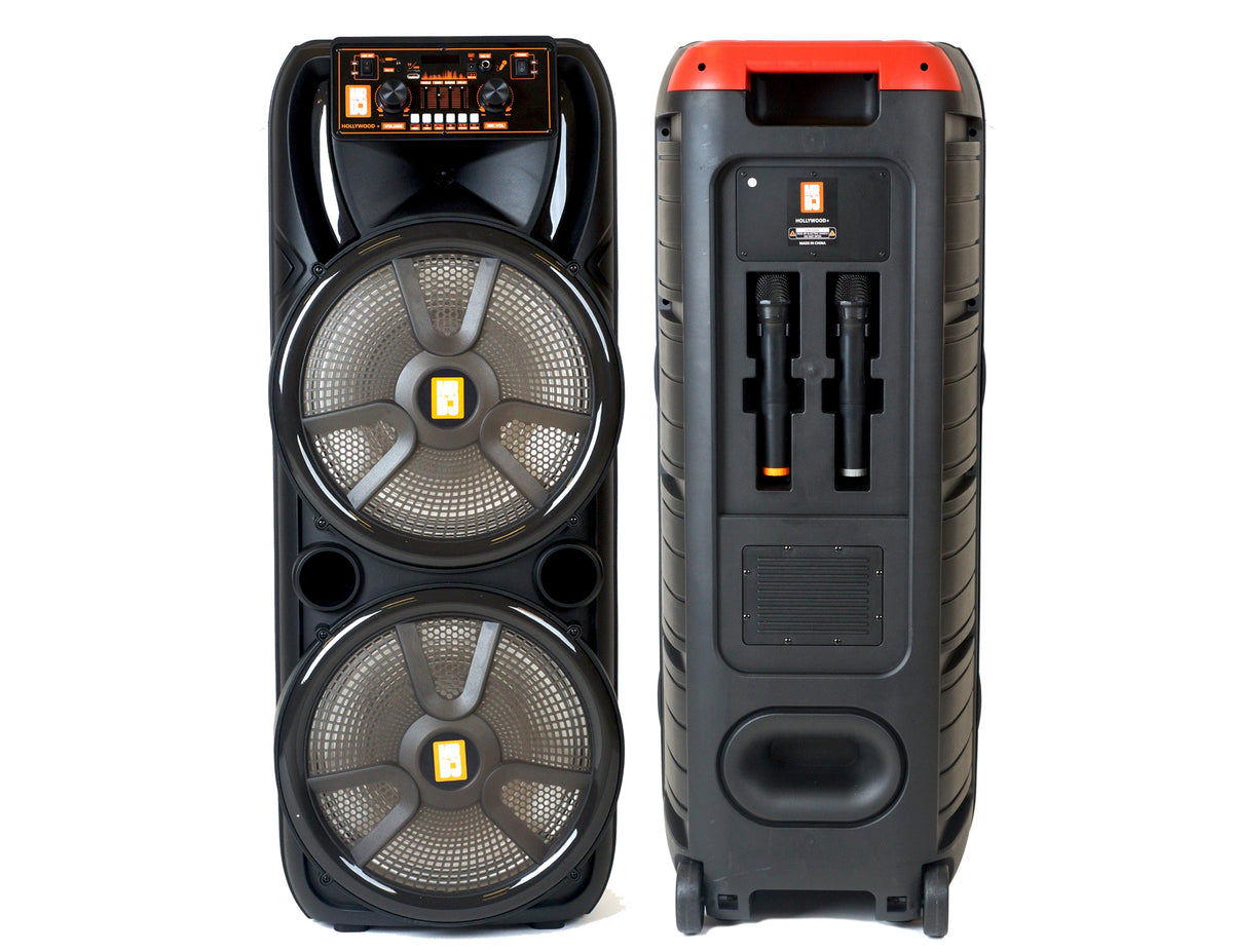 MR DJ HOLLYWOOD+ Dual 15" Rechargeable Portable Bluetooth Karaoke Speaker Party Flame Lights with 2 Wireless Microphone TWS USB FM Radio