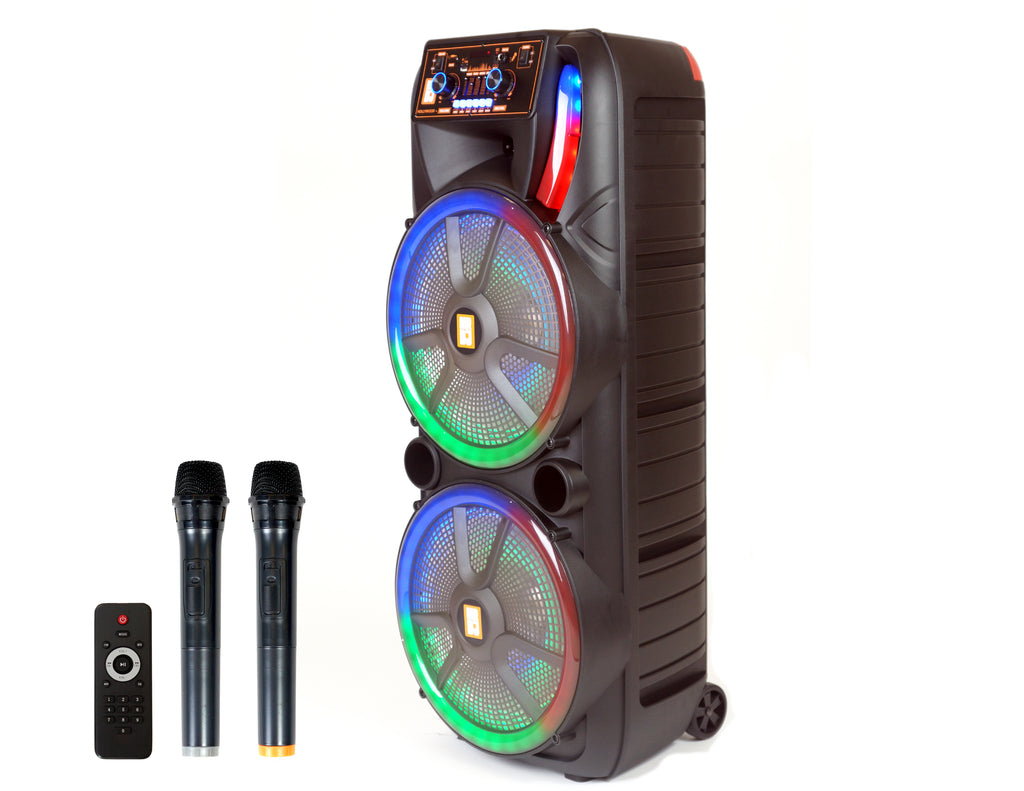 MR DJ HOLLYWOOD+ Dual 15" Rechargeable Portable Bluetooth Karaoke Speaker Party Flame Lights with 2 Wireless Microphone TWS USB FM Radio
