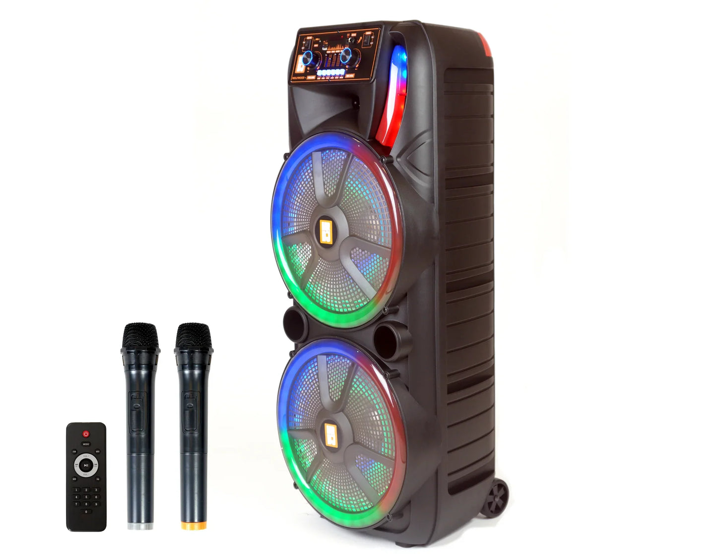 2 MR DJ HOLLYWOOD+ Dual 15" Rechargeable Portable Bluetooth Karaoke Speaker Party Flame Lights with 2 Wireless Microphone TWS USB FM Radio