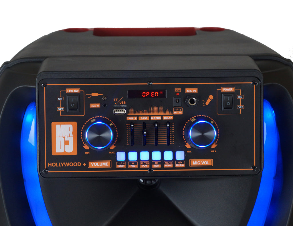 MR DJ HOLLYWOOD+ Dual 15" Rechargeable Portable Bluetooth Karaoke Speaker Party Flame Lights with 2 Wireless Microphone TWS USB FM Radio