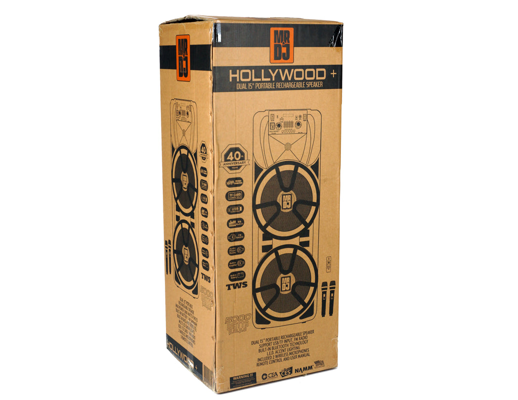 MR DJ HOLLYWOOD+ Dual 15" Rechargeable Portable Bluetooth Karaoke Speaker Party Flame Lights with 2 Wireless Microphone TWS USB FM Radio