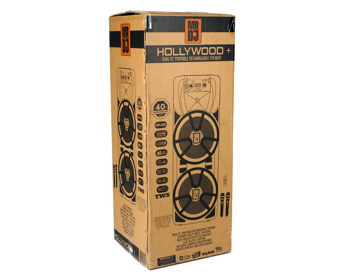 MR DJ HOLLYWOOD+ Dual 15" Rechargeable Portable Bluetooth Karaoke Speaker Party Flame Lights with 2 Wireless Microphone TWS USB FM Radio