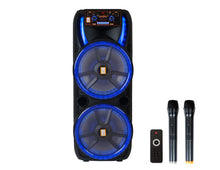 Load image into Gallery viewer, MR DJ HOLLYWOOD+ Dual 15&quot; Rechargeable Portable Bluetooth Karaoke Speaker Party Flame Lights with 2 Wireless Microphone TWS USB FM Radio