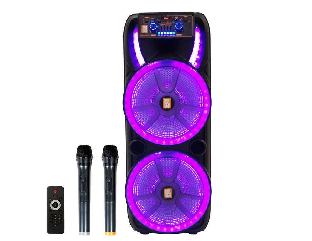MR DJ HOLLYWOOD+ Dual 15" Rechargeable Portable Bluetooth Karaoke Speaker Party Flame Lights with 2 Wireless Microphone TWS USB FM Radio