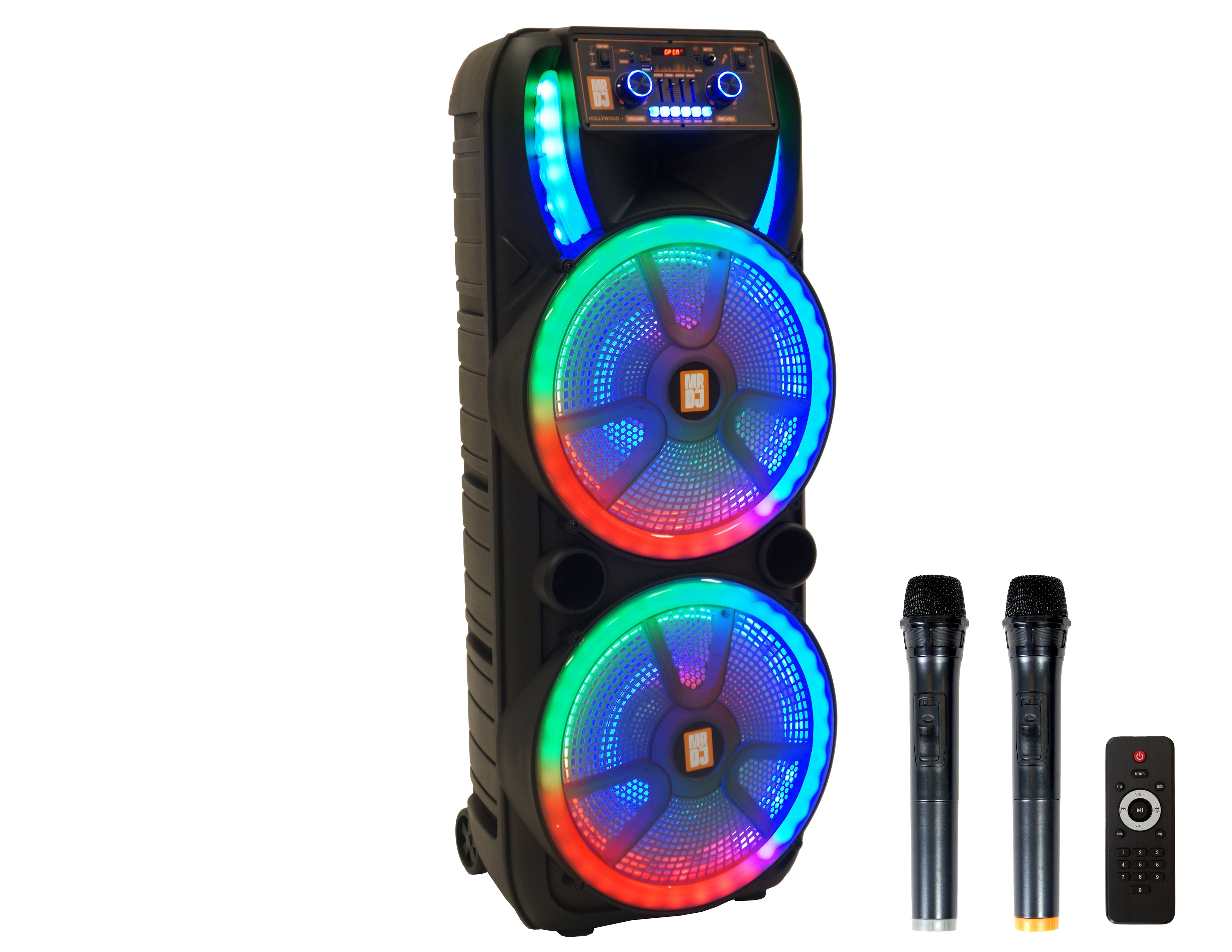 2 MR DJ HOLLYWOOD+ Dual 15" Rechargeable Portable Bluetooth Karaoke Speaker Party Flame Lights with 2 Wireless Microphone TWS USB FM Radio