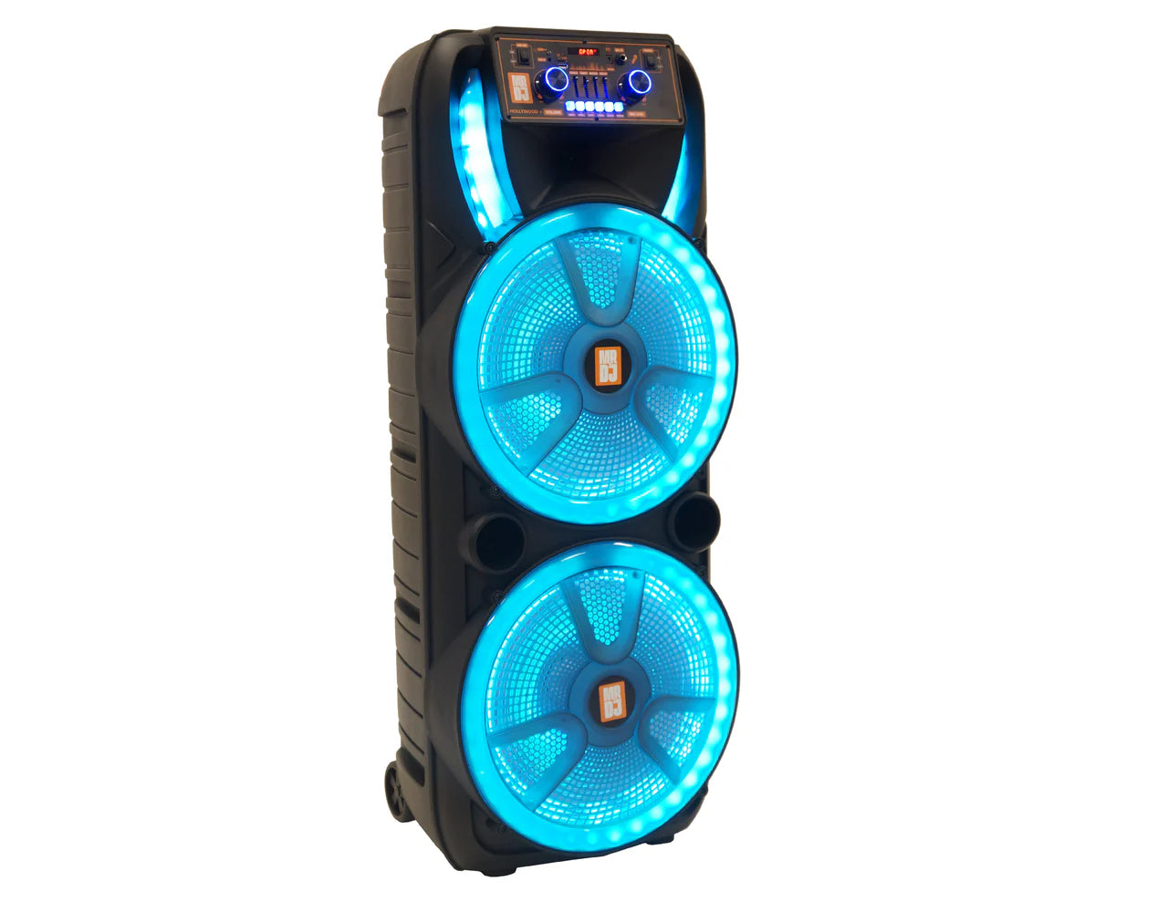 MR DJ HOLLYWOOD+ Dual 15" Rechargeable Portable Bluetooth Karaoke Speaker Party Flame Lights with 2 Wireless Microphone TWS USB FM Radio