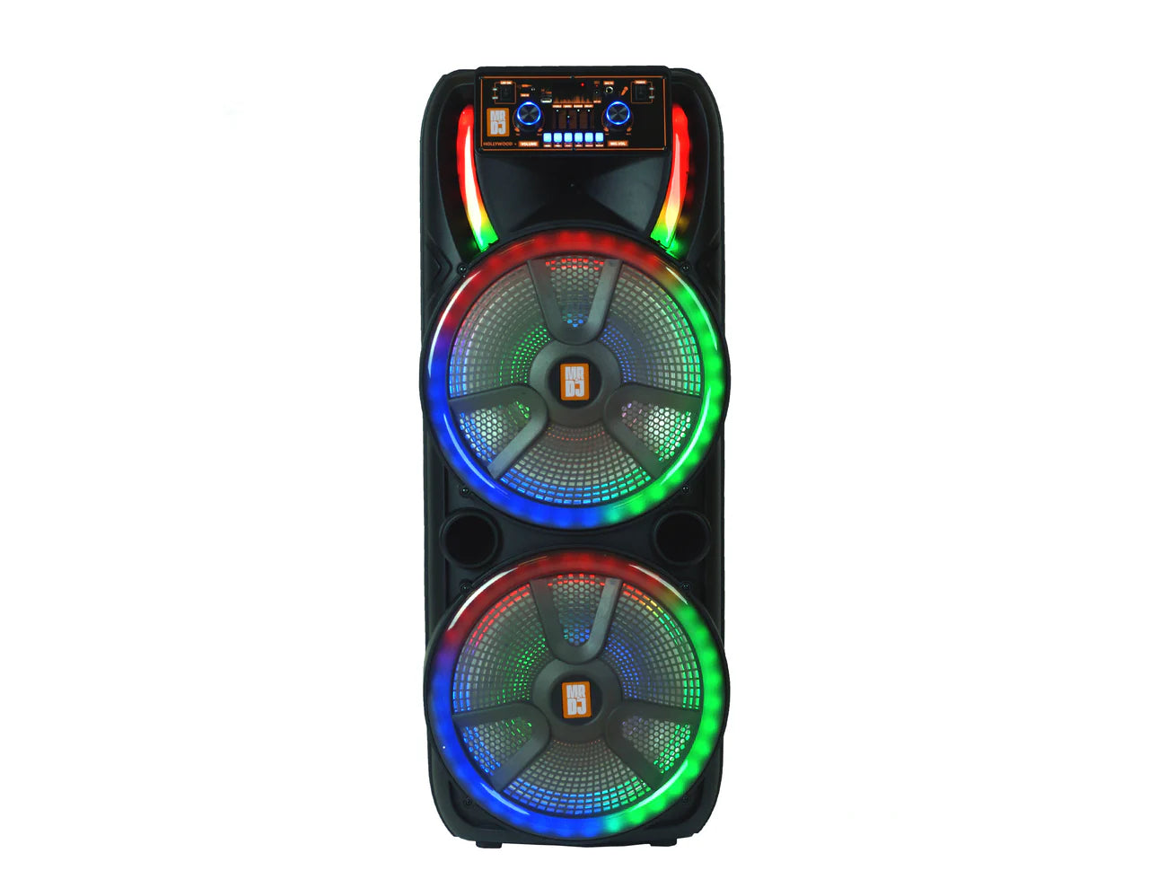 MR DJ HOLLYWOOD+ Dual 15" Rechargeable Portable Bluetooth Karaoke Speaker Party Flame Lights with 2 Wireless Microphone TWS USB FM Radio