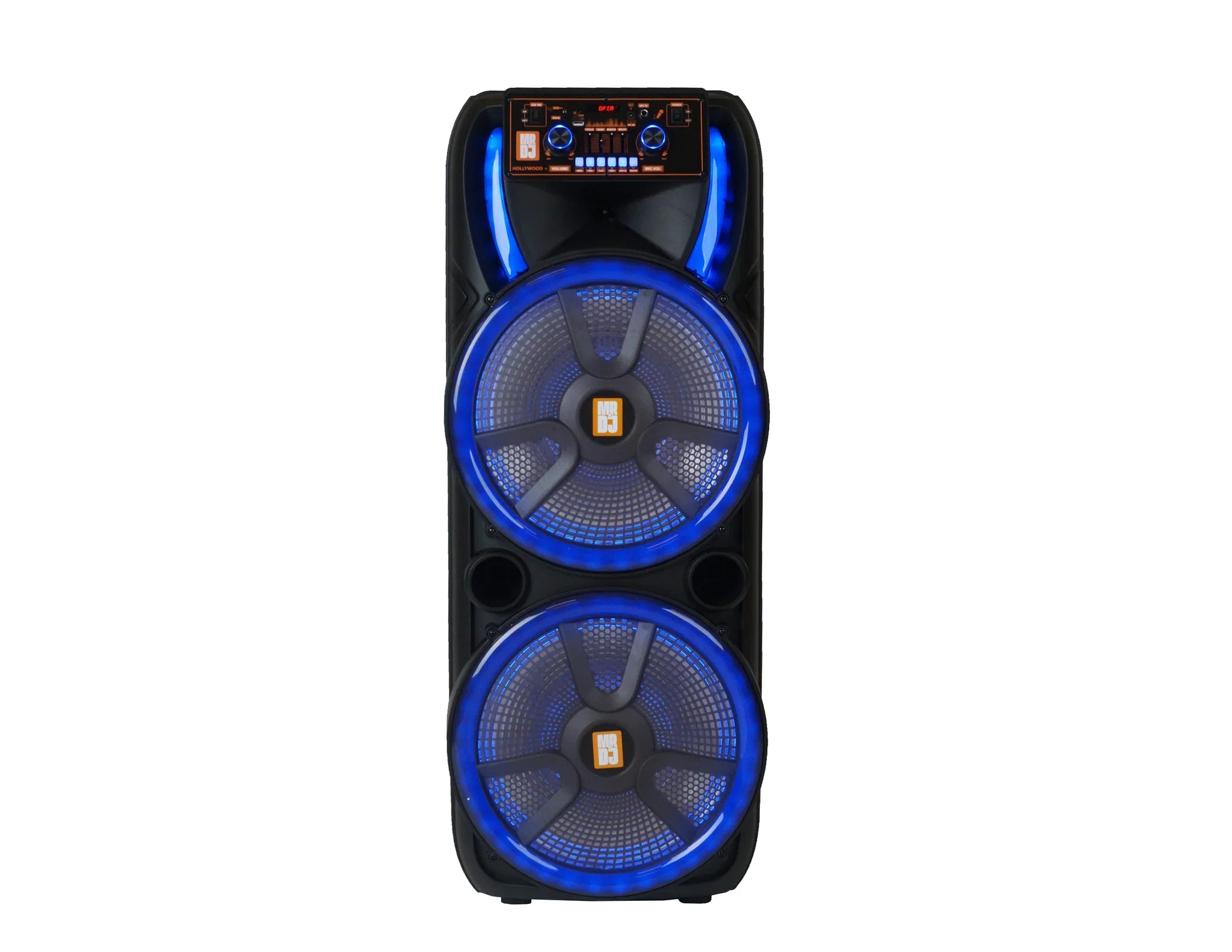 2 MR DJ HOLLYWOOD+ Dual 15" Rechargeable Portable Bluetooth Karaoke Speaker Party Flame Lights with 2 Wireless Microphone TWS USB FM Radio
