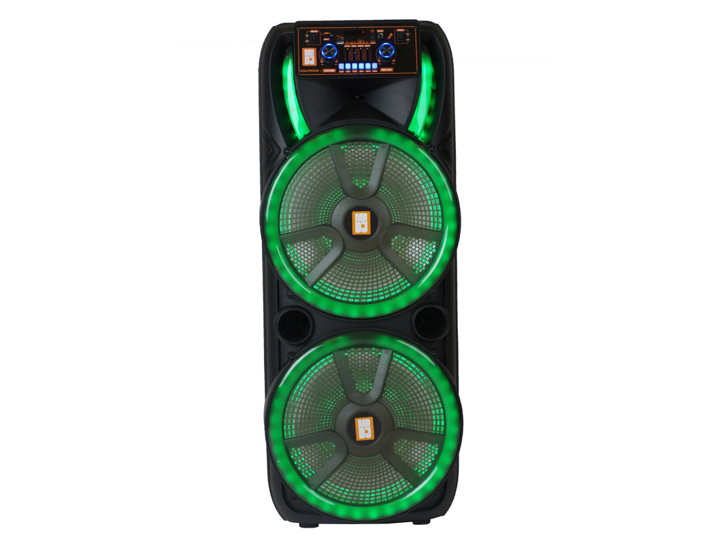 MR DJ HOLLYWOOD+ Dual 15" Rechargeable Portable Bluetooth Karaoke Speaker Party Flame Lights with 2 Wireless Microphone TWS USB FM Radio