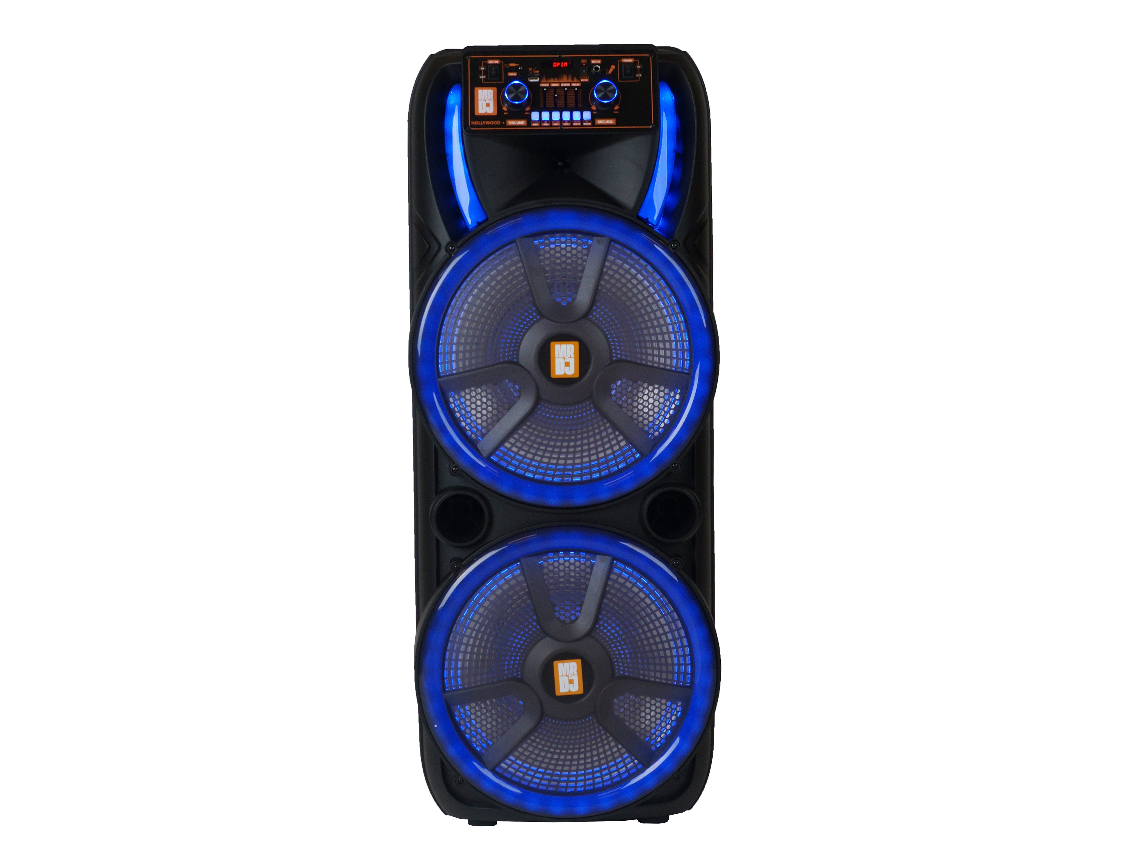 MR DJ HOLLYWOOD+ Dual 15" Rechargeable Portable Bluetooth Karaoke Speaker Party Flame Lights with 2 Wireless Microphone TWS USB FM Radio